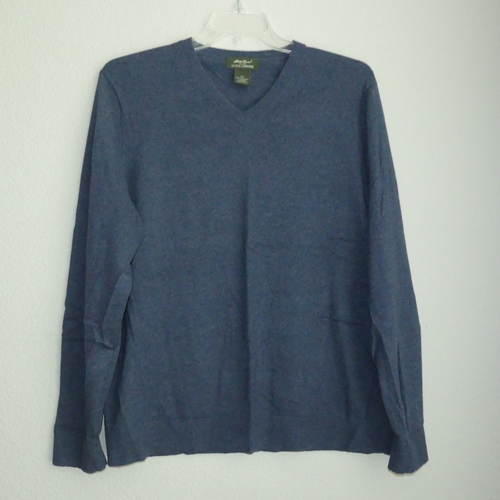 Eddie Bauer Cotton Cashmere Sweater Men's Size Large V-Neck Blue Office Casual